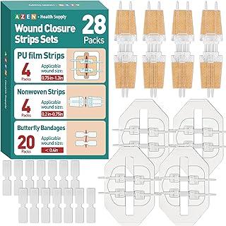 AZEN 28 Pack Wound Closure Strips, 3 Types Butterfly Bandages, Emergency Laceration Closure Kit, Repair Wounds Without Stitches, Quick Clot Zip Stitch Wound Closures Device product image