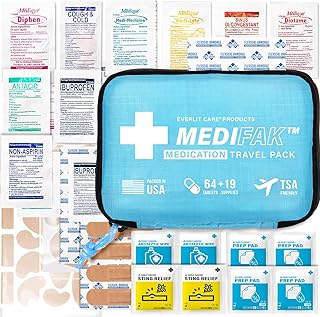 Travel Essential Medicine First Aid Kit I Bonus Medical Supplies I TSA Compliant Mini Size Medkit for Traveling Camping Trips Individually Packed 64 Tablets (Blue) product image