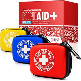 Mini-Aid First Aid Kit | Compact & Lightweight Case with Carabiners for Travel | Family & Kid Friendly 180 Pcs Wound Care Supplies for School, Work, Outdoor, Home & Office | Pack of 3 product image