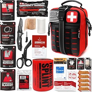 Survival First Aid Kit with Israeli Bandage, Chest Seal, Tourniquet, Splint, Tactical Military Combat Molle IFAK for Wound Care, Bleeding Control, Trauma Hemorrhage and More (Red) product image