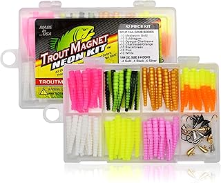 Trout Magnet 82-Piece Neon Fishing Gear Kit, Includes 70 Grub Bodies Trout Bait and 12 Size 8 Hooks product image