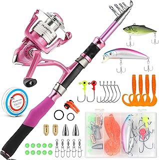 Fishing Rod and Reel Combos, Fishing Gear Gifts for Women with Spinning Reel, Lures, Line, Pink Ladies Telescopic Pole Kit Designed for Girls Adults by PLUSINNO product image