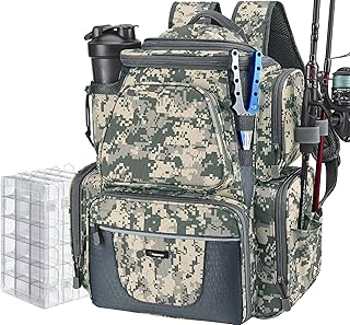 Piscifun Fishing Backpack with 2 Rod Holders & 4 Tackle Boxes, Large Tackle Storage Bag With Rain Cover for Fishing Gear product image