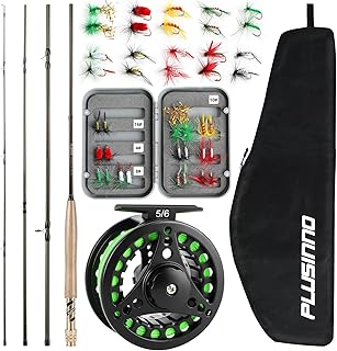 PLUSINNO Fly Fishing Rod and Reel Combo, 4 Piece Lightweight Ultra-Portable Graphite Fly Rod 5/6 Complete Starter Package with Carrier Bag product image