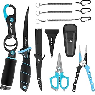 FLISSA Fishing Tool Kit, Fish Gripper with Scale, Braided Line Scissors, Fish Fillet Knife/Muti-Function Fishing Pliers/Fish Hook Remover, Saltwater Resistant Fishing Gear with Safety Coiled Lanyard product image