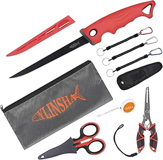 Fishing Tool Kit Fillet Knife Fishing 8pack Including Fishing Knife Fishing Scissors Fishing Pliers Saltwater Fish Measuring Ruler,Anti-Lost Lanyard Waterproof Storage BagTackle Accessory Kit product image