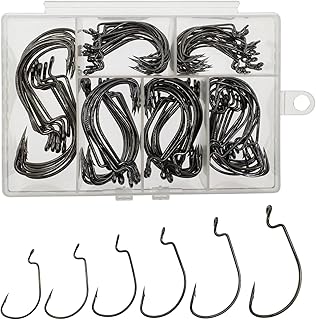 Worm Hooks for Bass Fishing Hooks, 110pcs Bass Hooks Fishing, 6 Sizes Fishing Hooks Freshwater, Eagle Claw Hooks #1 1/0 2/0 3/0 4/0 5/0 Black High Carbon Steel with Portable Plastic Box product image