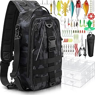 RoundFunny 85 Pcs Fishing Backpack with Tackle Boxes, Tackle Sling Bag with Rod Holder, Fish Lures Kit and Pliers Set, Easter Fishing Gift Basket for Men Women product image