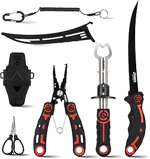 RUNCL 4pc Fishing Tool Kit- Fishing Pliers, Fish Fillet Knife with Sharpener, Fish Lip Gripper, Fishing Braid Scissors, Saltwater Fishing Gear and Equipment with Sheath/Lanyard, Fishing Gifts for Men product image