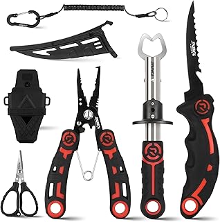 RUNCL 4pc Fishing Tool Kit- Fishing Pliers, Fish Fillet Knife with Sharpener, Fish Lip Gripper, Fishing Braid Scissors, Saltwater Fishing Gear and Equipment with Sheath/Lanyard, Fishing Gifts for Men product image