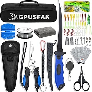 Fishing Tool Kit, 50 Pieces Fishing Gear, Fishing Pliers with Lanyard, Fillet Knife, Fish Lip Gripper, Fly Ice Fishing Hook Extractor, Anti-Cutting Gloves, Fishing Lures Baits Accessories product image