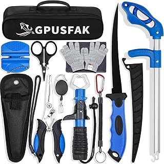 Fishing Tool Kit, 11 Pieces Fishing Gear, Fishing Pliers with Lanyard, Fillet Knife, Fish Lip Gripper, Fly Ice Fishing Hook Extractor, Anti-Cutting Gloves product image