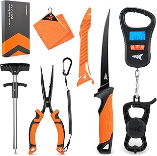 KastKing ToughTide Fishing Tool Kit, Rechargeable Digital Fish Scale with Lip Grip & Tape Measure, 7” Fillet Knife with Sheath & Sharpener, 8” Split Ring Fishing Pliers product image