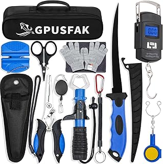 Fishing Tool Kit, 12 Pieces Fishing Gear, Fishing Pliers with Lanyard, Fillet Knife, Fish Lip Gripper, Fly Ice Fishing Hook Knotter, Anti-Cutting Gloves product image