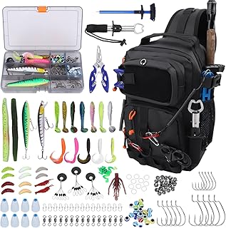 Fishing Backpack with Tackle Boxes,Waterproof Fishing Shoulder Bag for Fishing Gear,Fish Bag with 136 Pcs Fishing Lures Kit,Fish Hook Remover Tool,Fish Lip Gripper,Fishing Plier,Gifts for Men (Black) product image