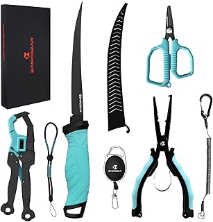 BasicGear Fishing Tool Set – 7” Pliers, 9.5” Fish Lip Gripper, 4.5” Scissors, 7” Fillet Knife, Retractable Clip & Steel-Core Tether, Rust-Resistant Multi-Tool Kit for Anglers product image