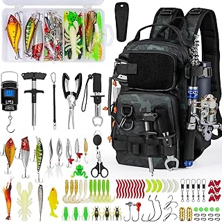 THKFISH Fishing Backpack with Rod Holder, Fishing Tool Kit, Water-Resistant Bag With Fishing Lures Kit, Fishing Tackle Box and Pliers Set for Men Women (Black Camo-87pcs) product image