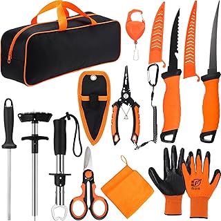 13 Pcs Fishing Tool Kit, Fishing Pliers with Lanyard, Fillet Knife, Fish Lip Gripper, Hook Remover, Braid Scissors, Sharpening Rod, Tool Retractor, Gloves, Microfiber Towel, Storage Bag product image