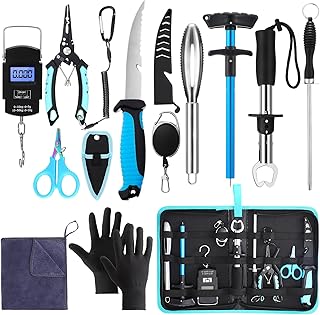 RoundFunny 14 Pcs Fishing Tool Kit, Fillet Knife, Fishing Pliers with Lanyard, Digital Scale, Lip Gripper, Hook Remover Fish Scaler Braid Scissors Gloves Sharpening Rod Retractor Towel Bag product image