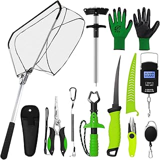 RoundFunny 10 Pcs Fishing Tool Kit, Fishing Pliers with Lanyard and Protective Sheaths, Landing Net, Fillet Knife, Fish Scale, Gripper, Hook Remover, Braid Scissors, Gloves for Men Dad Gift product image