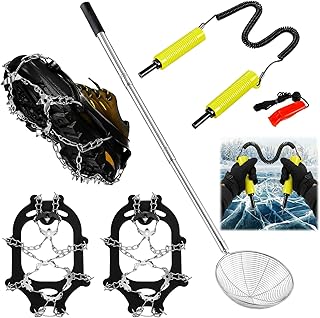 4 Pcs Ice Fishing Gear Kit, Include Retractable Ice Safety Picks and Fishing Scoop Skimmer, Crampons Cleats Snow Grips for Shoes Emergency Whistle for Hiking Climbing product image