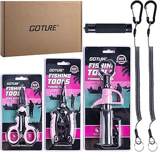 Goture Fishing Tool Kit,Fishing Pliers,Fillet Knife with Sheath,Fish Lip Gripper,Fish Hook Remover,Lanyard,Line Scissors,Sharpener,Stainless Steel Soap,Saltwater Gear Kit,Red/Pink,Gifts for Men/Women product image