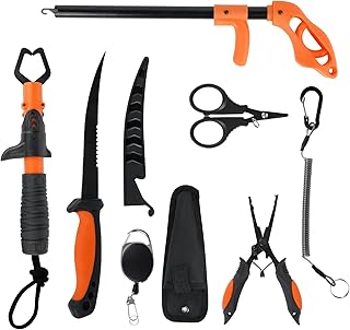 RAWILL Fishing Kit,Fishing Pliers with Lanyard,Fillet Knife,Fish Lip Gripper,Hook Remover, Scissors with Bungee Cords,As A Gift for Anglers product image