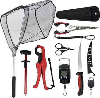 RAWILL 9 Pcs Fishing Tool Kit, Fishing Pliers with Lanyard and Protective Sheaths, Landing Net, Fillet Knife, Fish Scale, Gripper product image