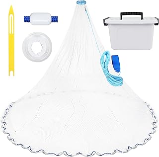 Yeahmart Handmade American Cast Net, 3ft-8ft Radius Casting Net for Saltwater & Freshwater, 3/8 Inch Mesh Monofilament Bait Trap Rust-Proof PVC Coated Sinkers, Easy Throw, Bucket & Repair Kit Included product image
