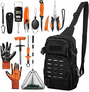 Fishing Gear Tool Kit, Fishing Backpack, Black Tackle Bag with Telescopic Net, Orange Tools Gripper Pliers Knife and Digital Scale, Fish Gifts Men Women product image