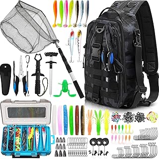 RoundFunny 256 Pcs Fishing Backpack with Tackle Box Gears, Tackle Sling Bag Backpack, Fishing Hook, Lures, Retractable Landing Net, Plier, Lip Gripper, Hook Remover, Fish Gift Men product image