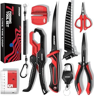 Fishing Tools Kit, 7pc Fishing Pliers Kit with Fillet Knife, Split Ring Pliers, Braid Scissors, Fish Gripper, Ruler, Sharpener & Lanyard, Saltwater & Freshwater Fishing Gear & Fishing Gifts for Men product image