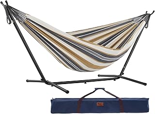 Vivere Double Cotton Hammock with Space Saving Steel Stand, Upgraded Polyester End Strings 450 lb Capacity - Premium Carry Bag Included - (Desert Moon) product image