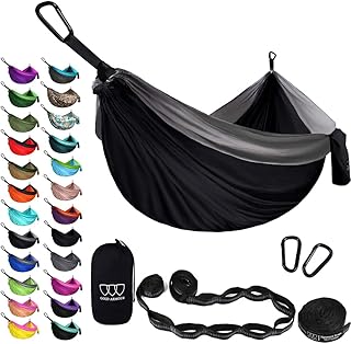 Gold Armour Camping Hammock - XL Double Hammock Portable Hammock Camping Accessories Gear for Outdoor Indoor with Tree Straps, USA Based Brand (Black and Gray) product image