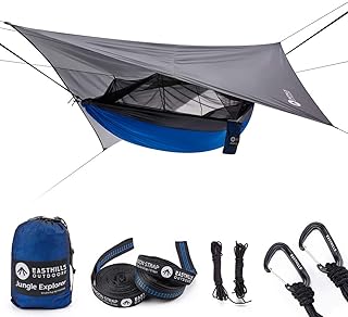 Easthills Outdoors Jungle Explorer 118" x 79" Double Camping Hammock Lightweight Rip-Stop Parachute Nylon 2 Person Hammocks with Removable Bug Net, Tree Straps and Tarp Blue product image