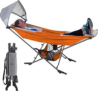 Portable Hammock with Stand, World's Best Mock ONE® Hammock, Compact Folding Framed Hammock with Adjustable Sunshade Canopy for Park, Backyard, Garden, Camping, Hiking, Mountaineering, Beaches- Orange product image