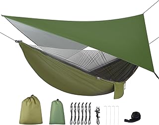 Camping Hammock with Rain Fly Tarp and Mosquito Net Tent Tree Straps, Portable Single Double Nylon Parachute Hammock Rainfly Set for Backpacking Hiking Travel Yard Outdoor Activities Green product image