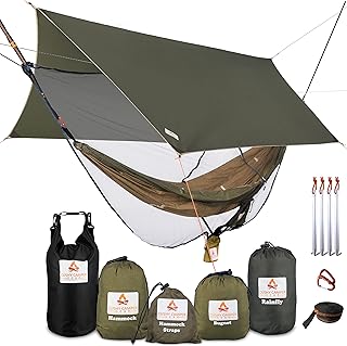 Premium Hammock with Rain Fly, Bug Net, Tree Straps, and Dry Bag - Complete Camping Hammock System with Mesh Bug Net - Outdoor Combo Kit with Rainfly Bundle for Backpacking… product image