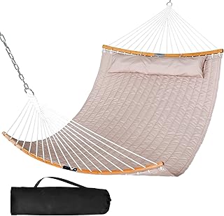 SUNCREAT 13.8 FT Hammocks Quilted Fabric Double Hammock with Detachable Curved Bamboo Spreader Bar and Soft Pillow, Max 450 lbs Capacity, Tan product image