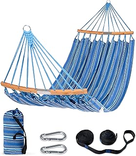 SUNCREAT Hammocks Double Hammock with Curved Spreader Bar, Outdoor Portable Hammock with Carrying Bag & Tree Straps for Bedroom, Patio, Backyard, Balcony, Max 450lbs Capacity, Blue product image