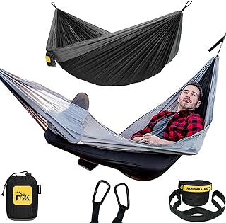 ELK Single Hammock with Tree Straps - Lightweight Parachute Nylon for Outdoor Adventures (Black/Gray, Single) product image