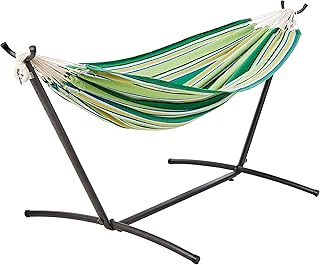 Amazon Basics Double Hammock with 9-Foot Space Saving Steel Stand and Carrying Case, 450 lb Capacity, Vigor Green, 110" x 47" x 43" product image