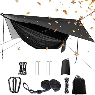 Portable Single Double Nylon High Strength Parachute Hammock Rainfly Set, Camping Hammock with Rain Fly Tarp and Mosquito Net Tent Tree Straps, Backpacking Hiking Travel Yard Outdoor Activities product image