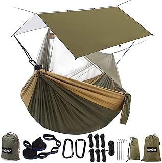 Sunyear Hammock Camping with Rain Fly Tarp and Net, Portable Camping Hammock Double Tree Hammock Outdoor Indoor Backpacking Travel & Survival, 2 Tree Straps,100% Waterproof product image