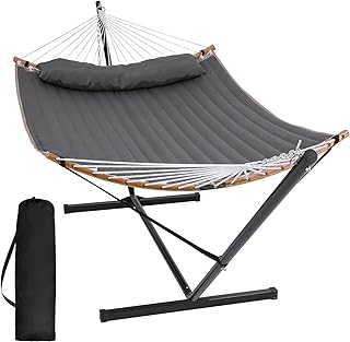 SUNCREAT Double Portable Hammock with Stand, 2 Person Hammock with Curved Spreader Bar, Balance Ropes Included, Dark Gray product image