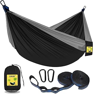 SZHLUX Camping Hammock Double & Single Portable Hammocks with 2 Tree Straps, Great for Hiking,Backpacking,Hunting,Outdoor,Beach,Camping,Black / Grey product image