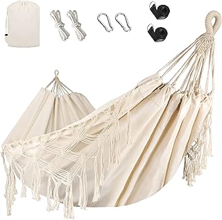 Bellzacasa Double Hammock, Heavy Duty 500 lb Load Capacity Tassels and Fishtail Knitting with Mounting Straps for Outdoor Camping Patio Balcony Beige product image