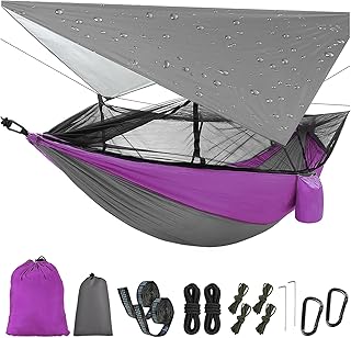 Camping Hammock with Mosquito Net & Rain Fly Tent Tarp & Tree Straps Portable Strong Nylon Hammock Parachute Tent w/Storage Bag for Camping Hiking Backyard Outdoor Backpacking Travel product image