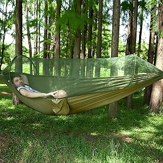 LFL Camping Hammock with Mosquito Net, Hammocks with 13ft Tree Straps Carabiners, Automatic Quick Open Outdoor Portable Hammock with Net, Nylon Parachute Material Outside Hiking Gear (Green) product image