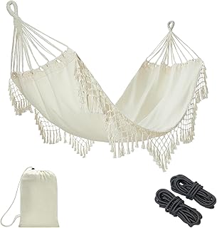 JoyView Boho Macrame Single Hammock with Hanging Ropes & Elegant Tassels 78.8x39.4 Portable Cotton Hammock for Patio Backyard Porch 300LBS Weight Capacity Perfect for Outdoor/Indoor - Beige Color product image